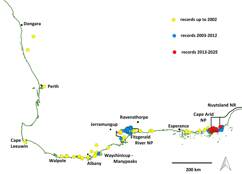 A map of the known historical distribution of western ground parrots